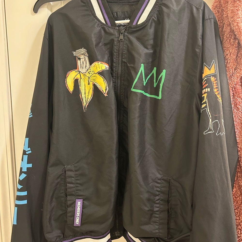 Members Only Black Jacket with Artistic Graphics